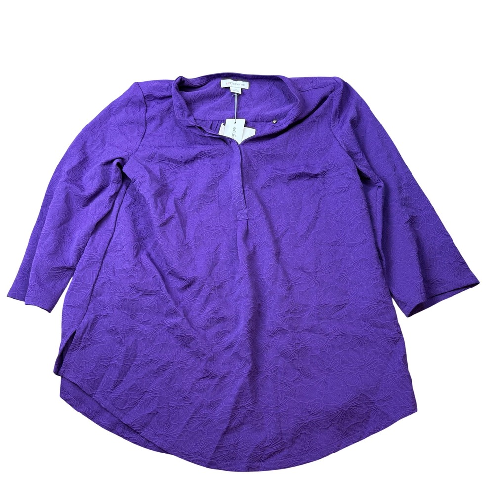 NWT Liz Claiborne Womens M Purple Floral Textured Knit Stretch Blouse Round Neck